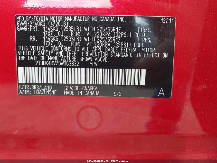 2011 Toyota Rav4 Limited V6 VIN: 2T3DK4DV7BW063832 Lot: 43207889