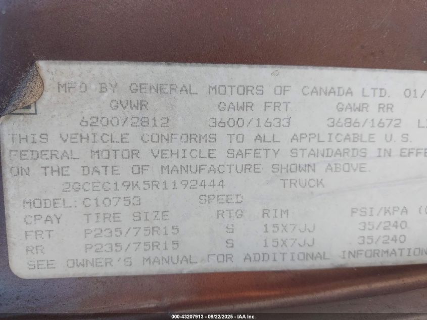 1994 Chevrolet Gmt-400 C1500 VIN: 2GCEC19K5R1192444 Lot: 43207913