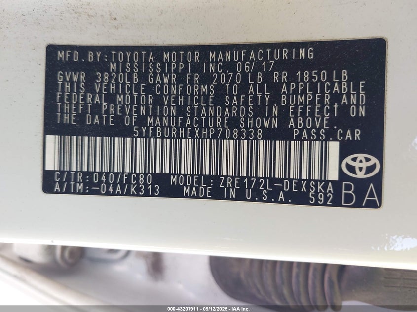 2017 Toyota Corolla L/Le/Xle/Se/Xse VIN: 5YFBURHEXHP708338 Lot: 43207911