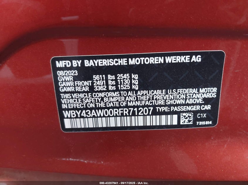 2024 BMW I4 Edrive35 VIN: WBY43AW00RFR71207 Lot: 43207941