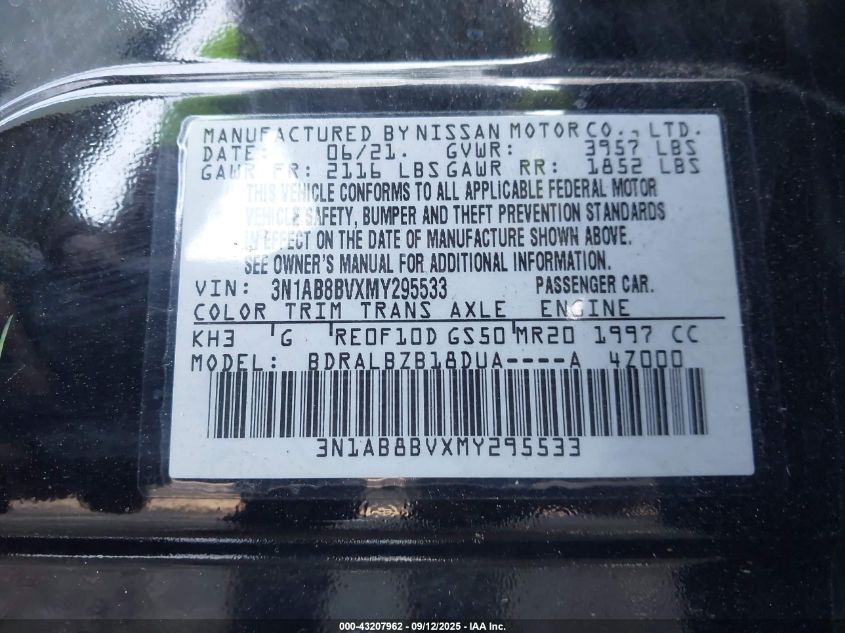 2021 Nissan Sentra S Xtronic Cvt VIN: 3N1AB8BVXMY295533 Lot: 43207962