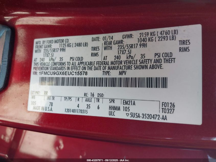 2014 Ford Escape Se VIN: 1FMCU9GX6EUC15578 Lot: 43207971