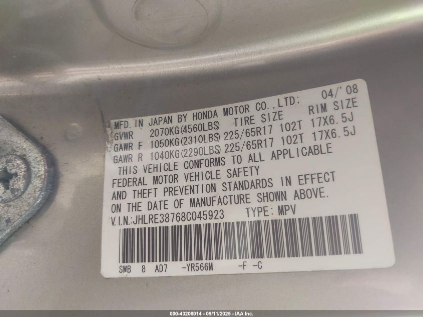 2008 Honda Cr-V Ex-L VIN: JHLRE38768C045923 Lot: 43208014