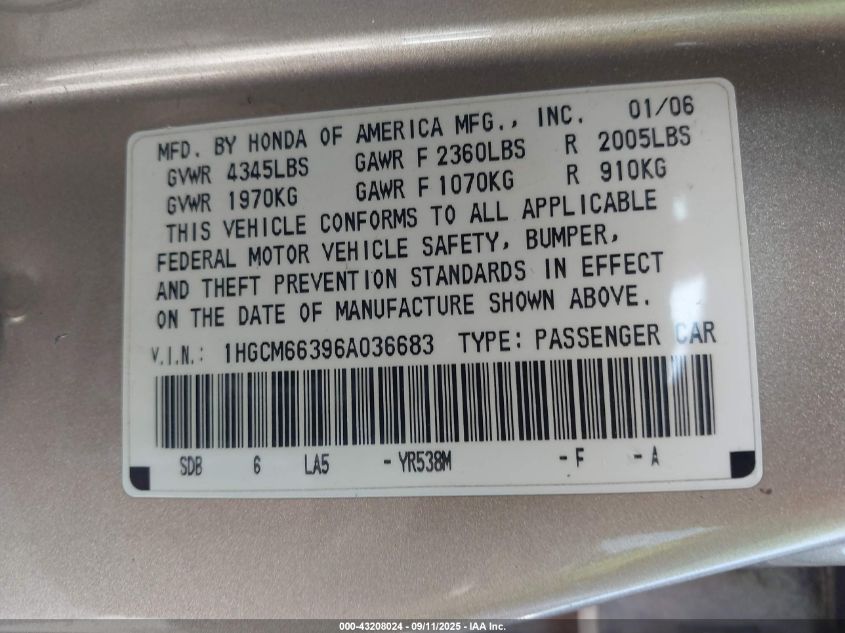 2006 Honda Accord 3.0 Lx VIN: 1HGCM66396A036683 Lot: 43208024
