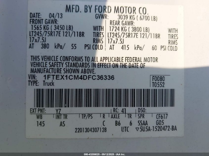 2013 Ford F-150 Xl VIN: 1FTEX1CM4DFC36336 Lot: 43208025