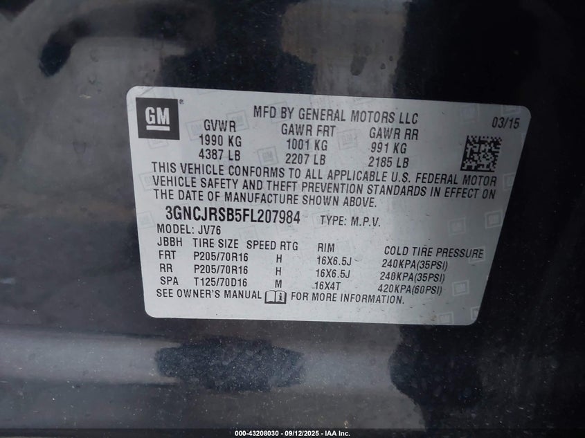 2015 CHEVROLET TRAX LT - 3GNCJRSB5FL207984