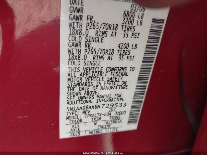 2006 Nissan Armada Se VIN: 5N1AA08AX6N729533 Lot: 43208038