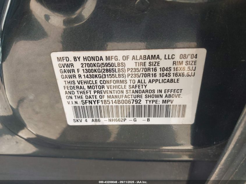 2004 Honda Pilot Ex-L VIN: 5FNYF18514B006792 Lot: 43208046