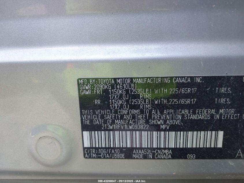 2020 Toyota Rav4 Xle/Xle Premium VIN: 2T3W1RFV1LW093822 Lot: 43208047