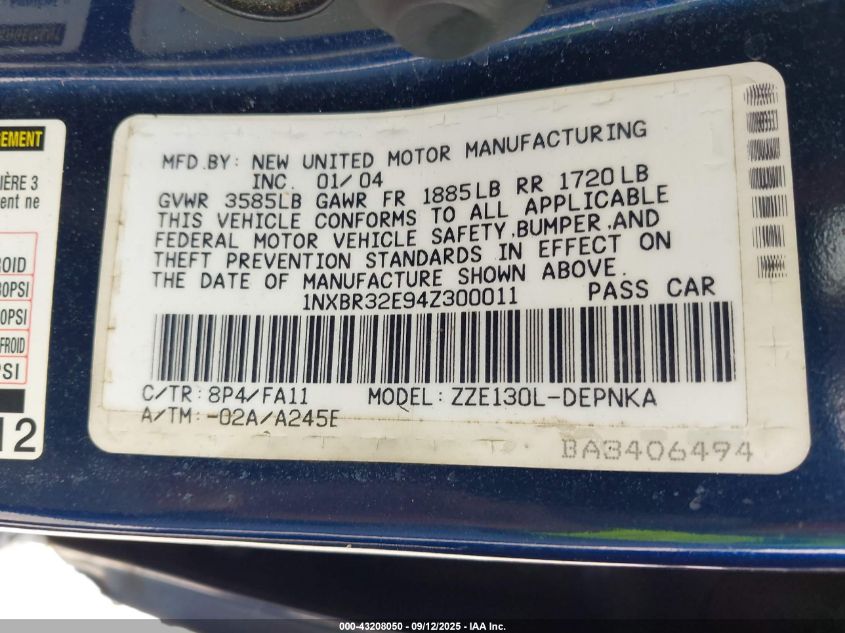 2004 Toyota Corolla Le VIN: 1NXBR32E94Z300011 Lot: 43208050