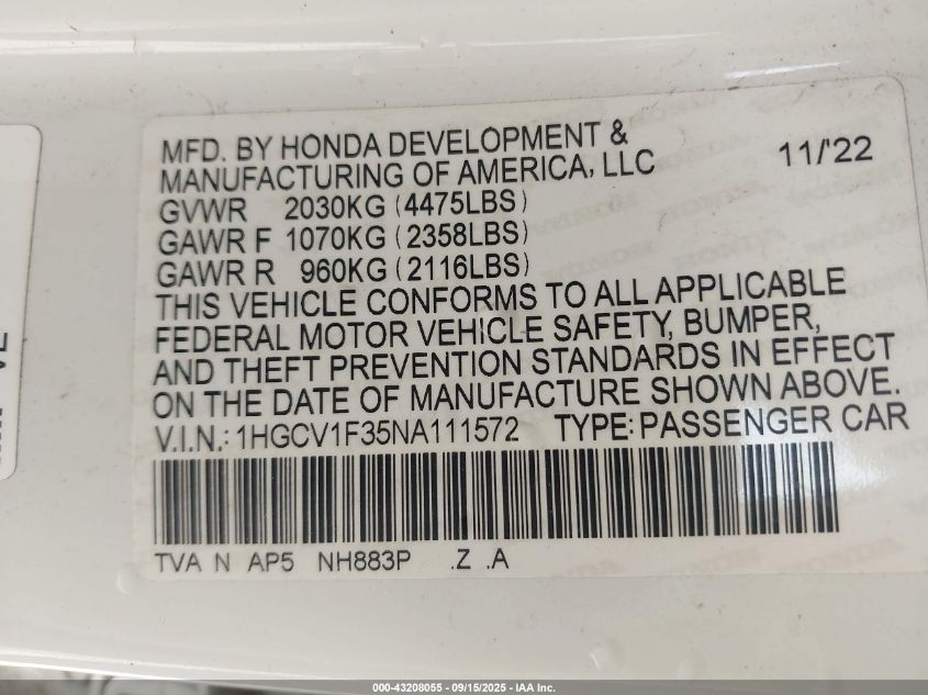 2022 Honda Accord Sport VIN: 1HGCV1F35NA111572 Lot: 43208055