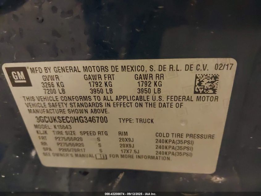 2017 Chevrolet Silverado 1500 1Lz VIN: 3GCUKSEC0HG346700 Lot: 43208074