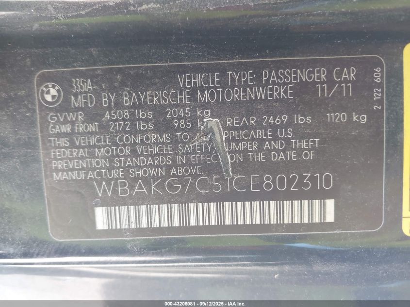 2012 BMW 335I VIN: WBAKG7C51CE802310 Lot: 43208081