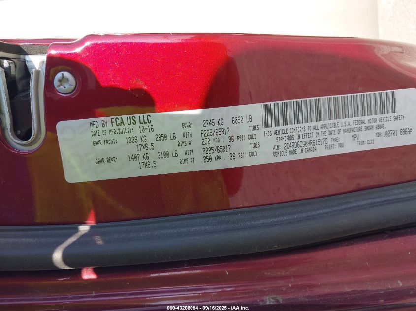 2017 Dodge Grand Caravan Sxt VIN: 2C4RDGCG0HR615176 Lot: 43208084