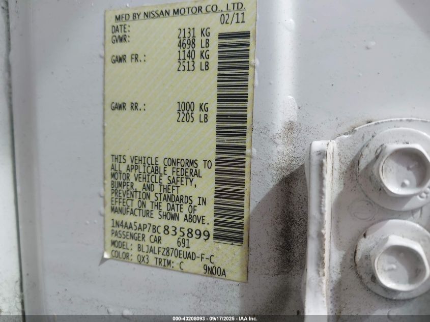 2011 Nissan Maxima 3.5 Sv VIN: 1N4AA5AP7BC835899 Lot: 43208093