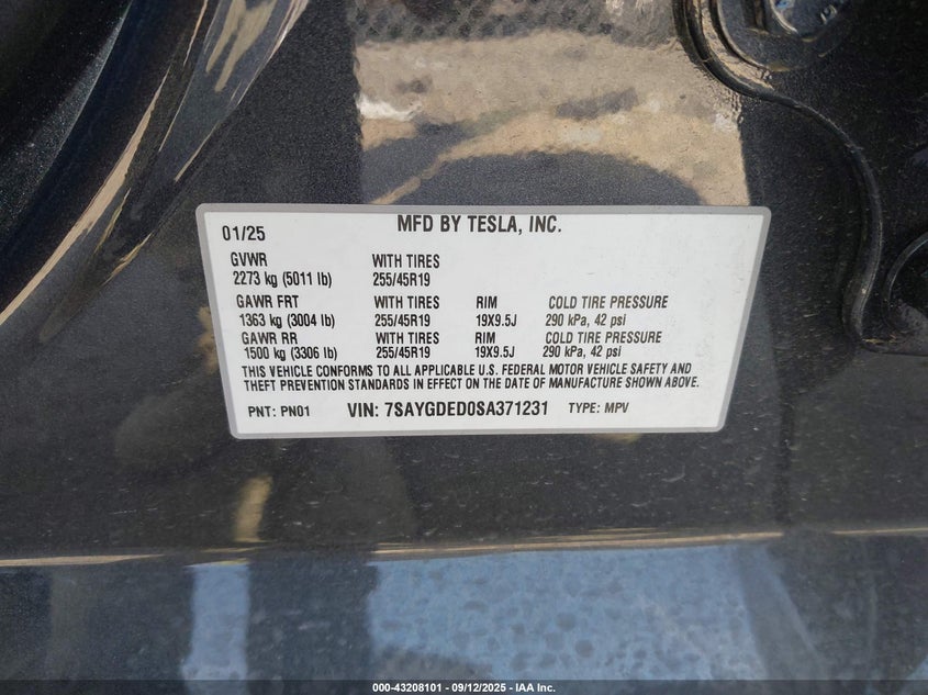 2025 Tesla Model Y Long Range Dual Motor All-Wheel Drive VIN: 7SAYGDED0SA371231 Lot: 43208101