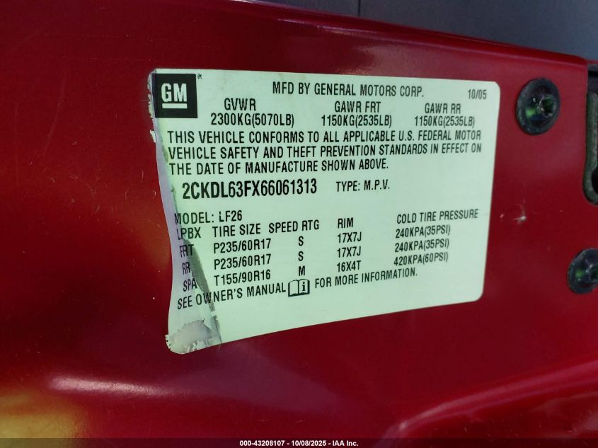 2006 Pontiac Torrent VIN: 2CKDL63FX66061313 Lot: 43208107