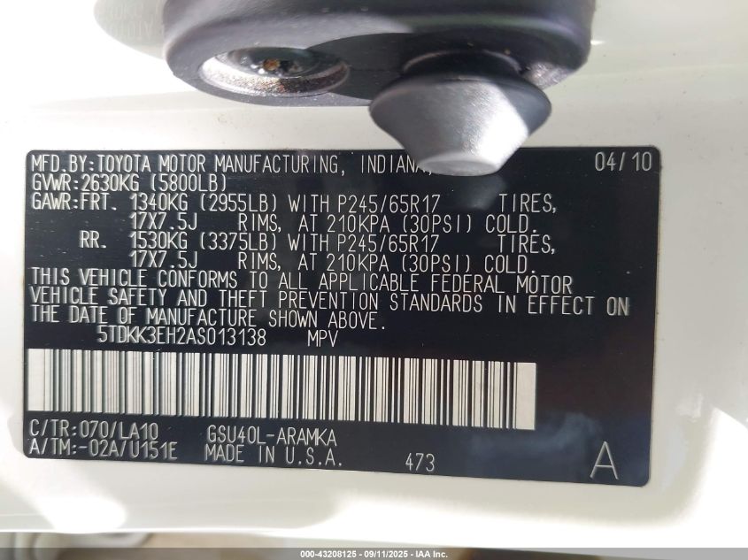 2010 Toyota Highlander Se V6 VIN: 5TDKK3EH2AS013138 Lot: 43208125