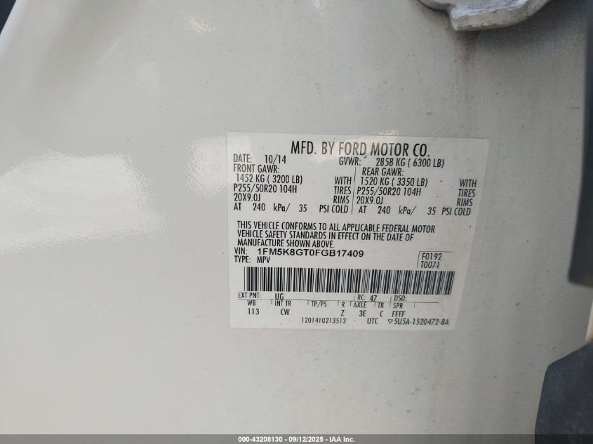 2015 Ford Explorer Sport VIN: 1FM5K8GT0FGB17409 Lot: 43208130
