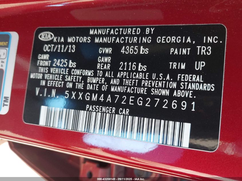 2014 Kia Optima Lx VIN: 5XXGM4A72EG272691 Lot: 43208149