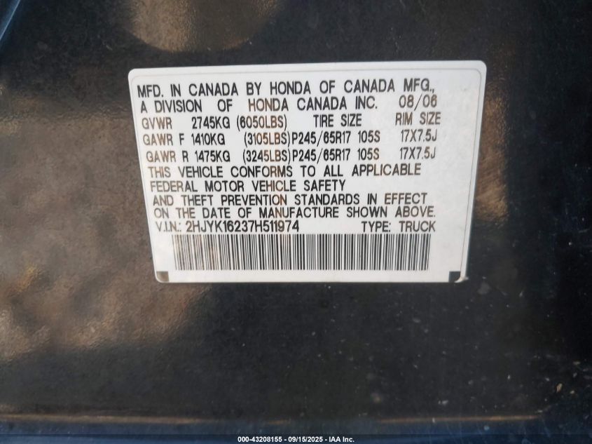 2007 Honda Ridgeline Rt VIN: 2HJYK16237H511974 Lot: 43208155