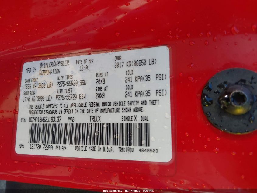 2002 Dodge Ram 1500 St VIN: 1D7HA18N62J183137 Lot: 43208157