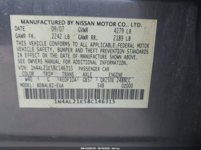 2008 Nissan Altima 2.5 S VIN: 1N4AL21E58C146315 Lot: 43208195