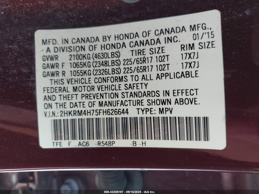 2015 HONDA CR-V EX-L - 2HKRM4H75FH626644