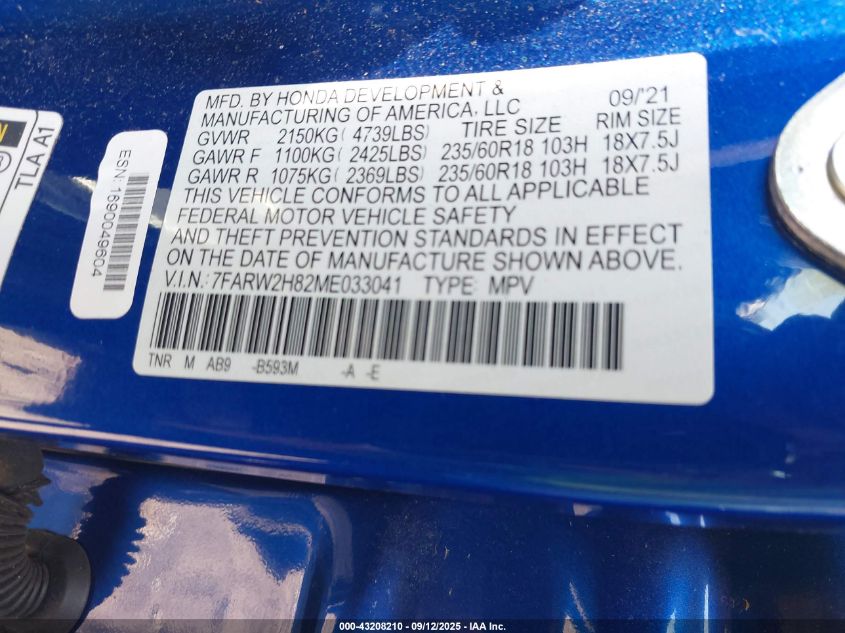 2021 Honda Cr-V Awd Ex-L VIN: 7FARW2H82ME033041 Lot: 43208210