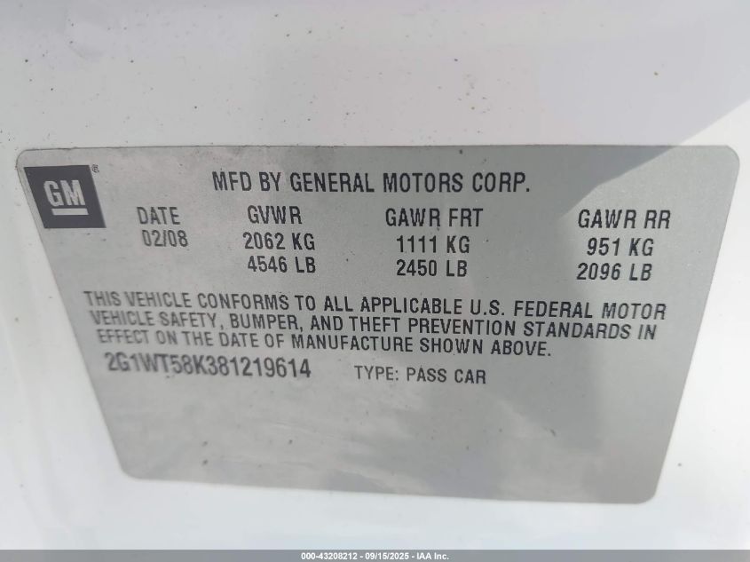 2008 Chevrolet Impala Lt VIN: 2G1WT58K381219614 Lot: 43208212