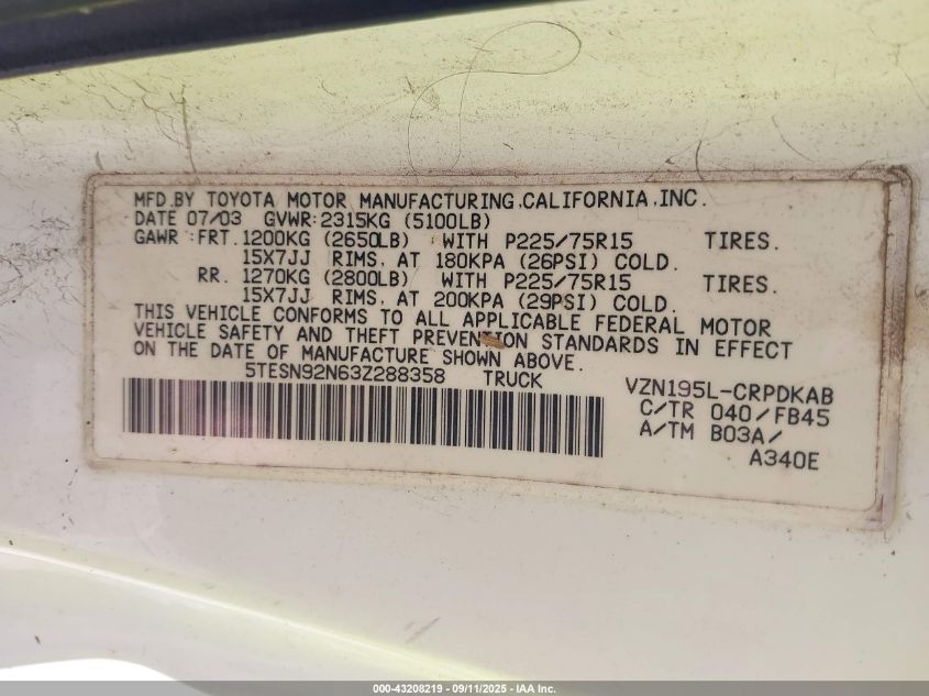 2003 Toyota Tacoma Prerunner V6 VIN: 5TESN92N63Z288358 Lot: 43208219