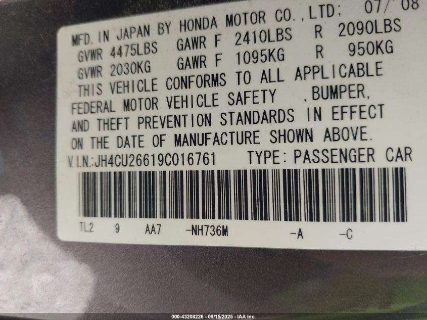2009 Acura Tsx VIN: JH4CU26619C016761 Lot: 43208226
