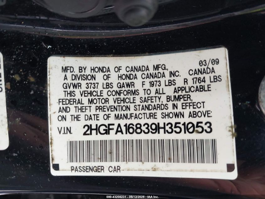 2009 Honda Civic Ex VIN: 2HGFA16839H351053 Lot: 43208231