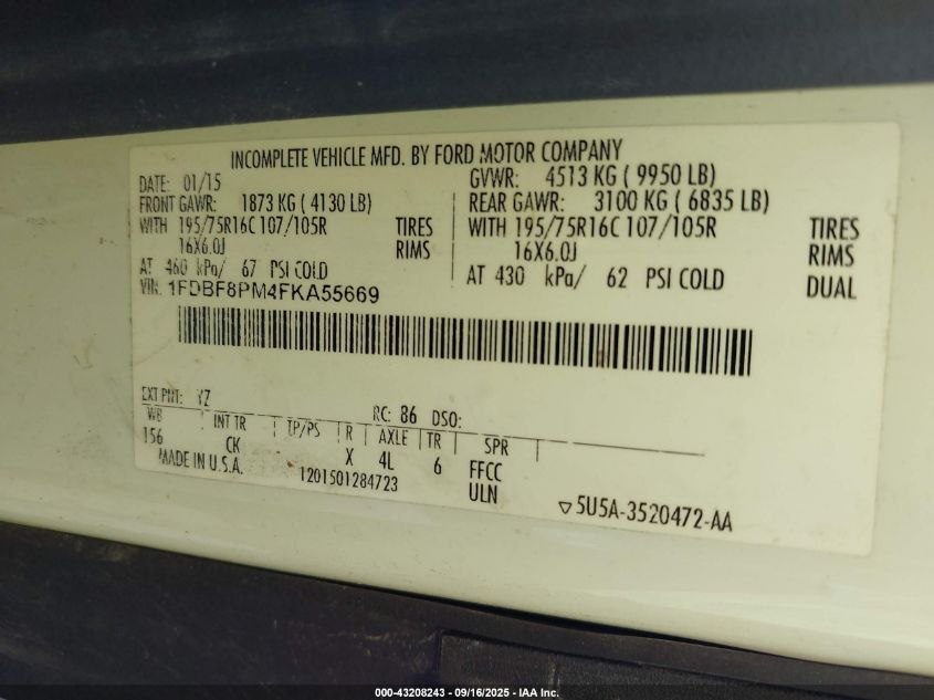 2015 Ford Transit-350 Cutaway VIN: 1FDBF8PM4FKA55669 Lot: 43208243