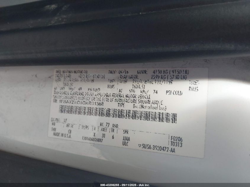 2016 Ford Transit-350 Xlt VIN: 1FBAX2XG1GKB31388 Lot: 43208255