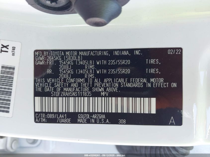 2022 Toyota Highlander Platinum VIN: 5TDFZRAH5NS111835 Lot: 43208261