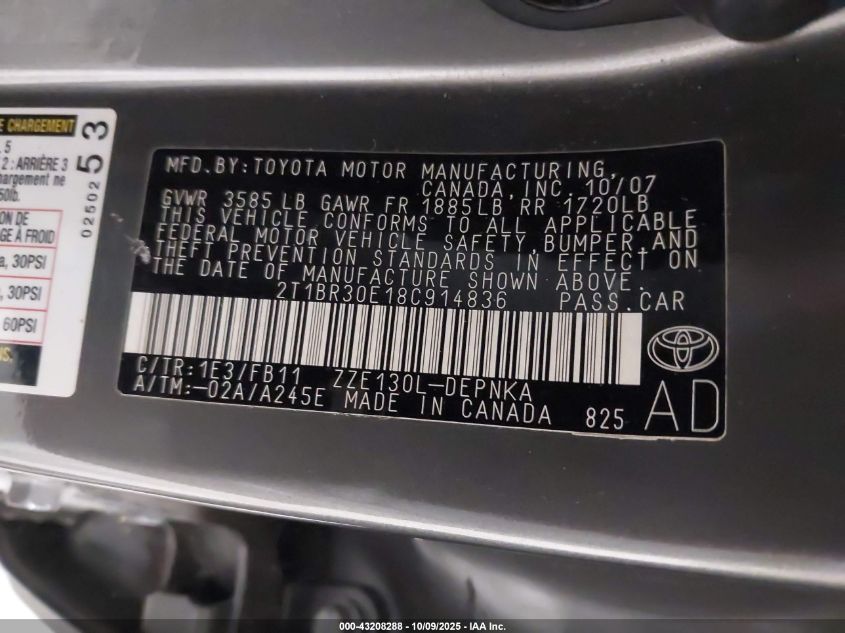 2008 Toyota Corolla Le VIN: 2T1BR30E18C914836 Lot: 43208288