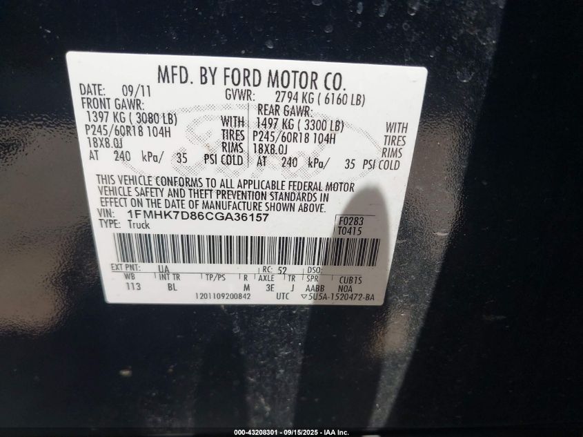 2012 Ford Explorer Xlt VIN: 1FMHK7D86CGA36157 Lot: 43208301