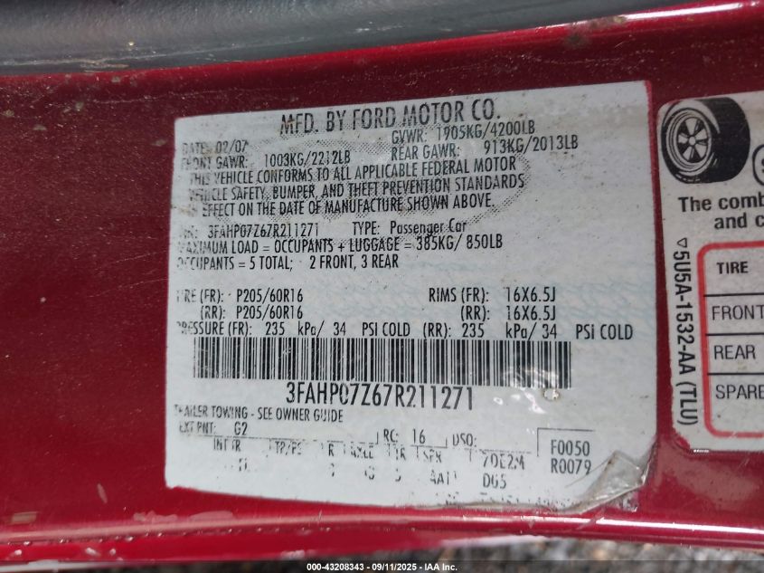 2007 Ford Fusion Se VIN: 3FAHP07Z67R211271 Lot: 43208343