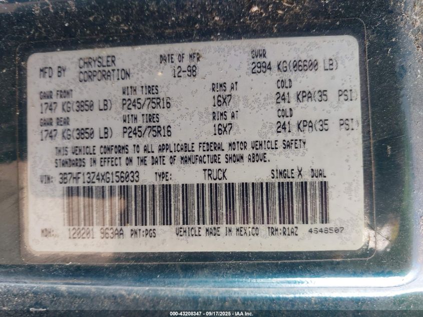 1999 Dodge Ram 1500 St VIN: 3B7HF13Z4XG156033 Lot: 43208347