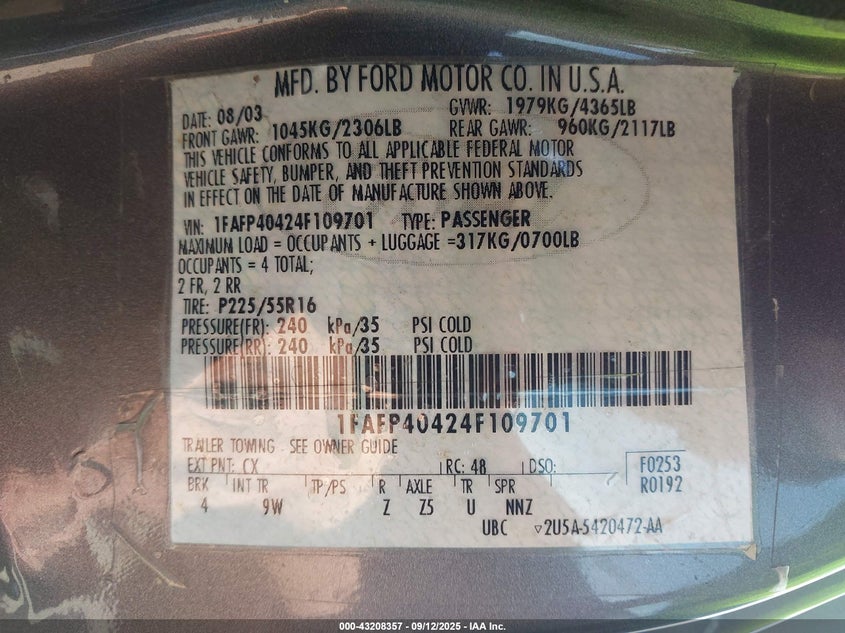 2004 Ford Mustang VIN: 1FAFP40424F109701 Lot: 43208357