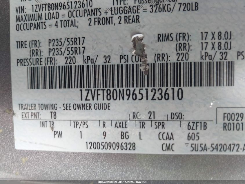 2006 Ford Mustang V6 VIN: 1ZVFT80N965123610 Lot: 43208359