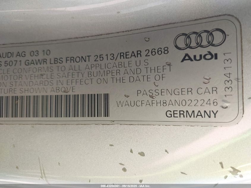 2010 Audi A5 2.0T Premium VIN: WAUCFAFH8AN022246 Lot: 43208361