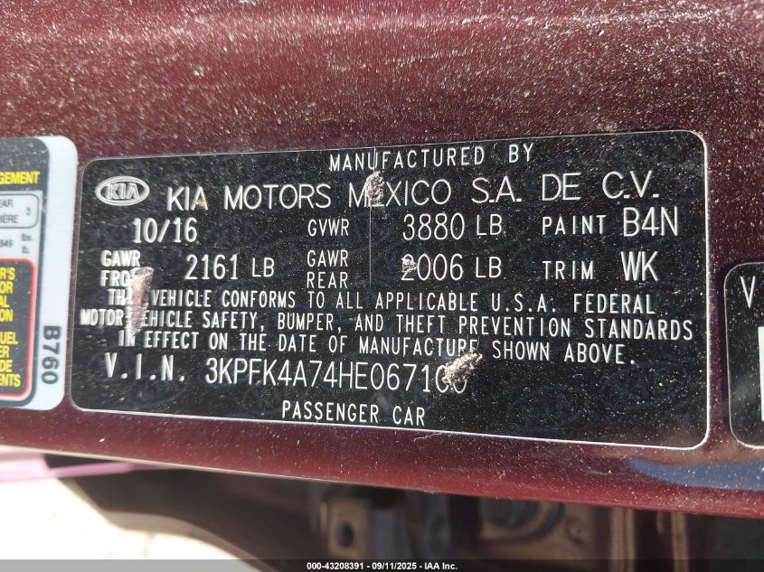 2017 Kia Forte Lx VIN: 3KPFK4A74HE067100 Lot: 43208391