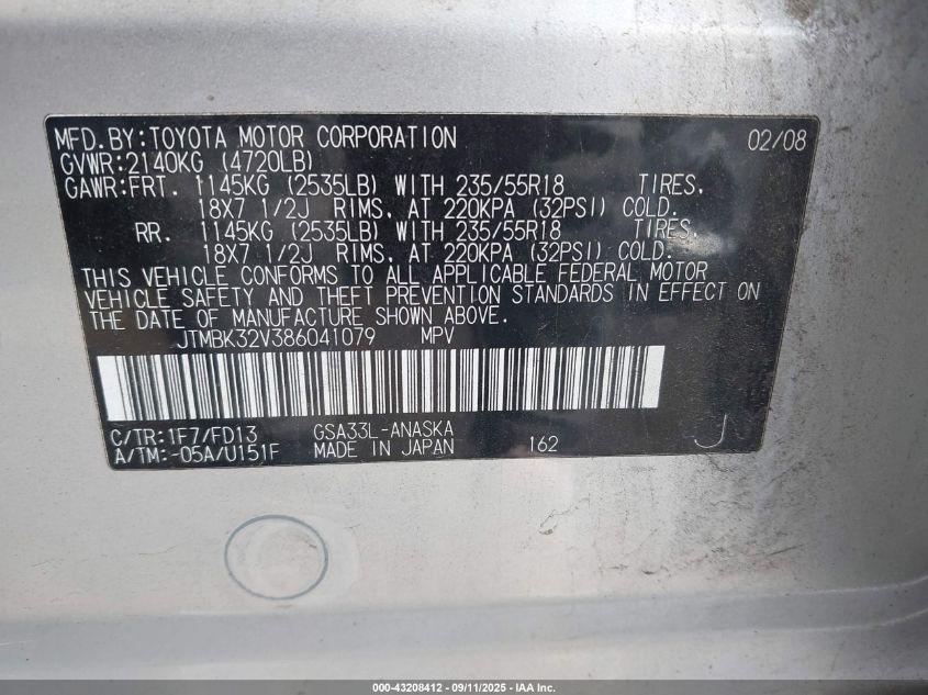 2008 Toyota Rav4 Sport V6 VIN: JTMBK32V386041079 Lot: 43208412