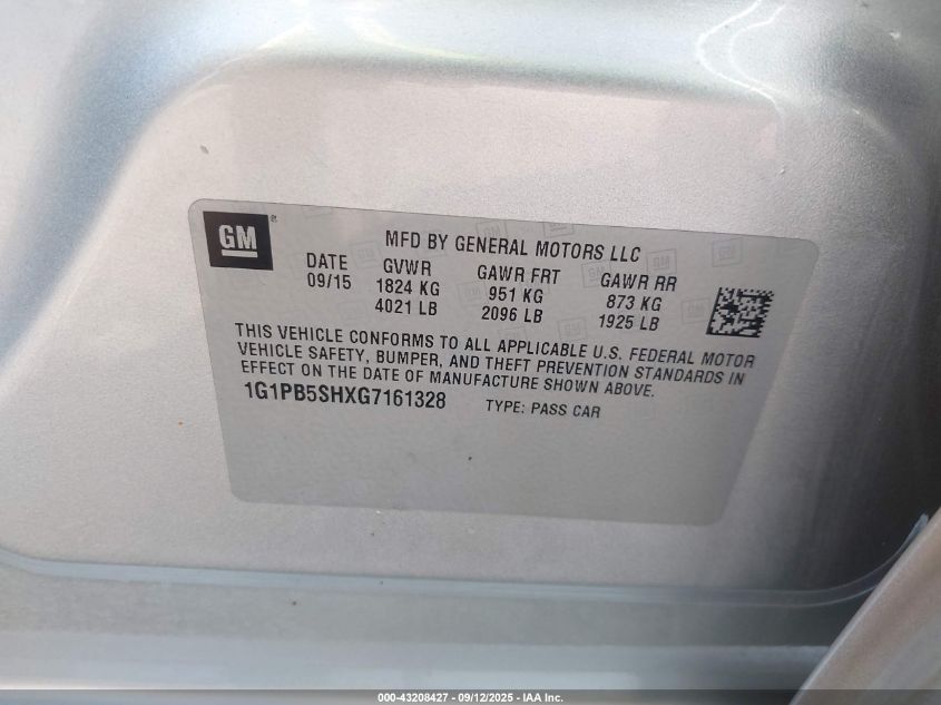 2016 Chevrolet Cruze Limited Ls Manual VIN: 1G1PB5SHXG7161328 Lot: 43208427