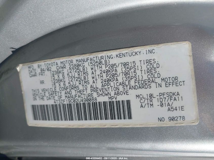 2002 Toyota Sienna Ce VIN: 4T3ZF19C02U490088 Lot: 43208452