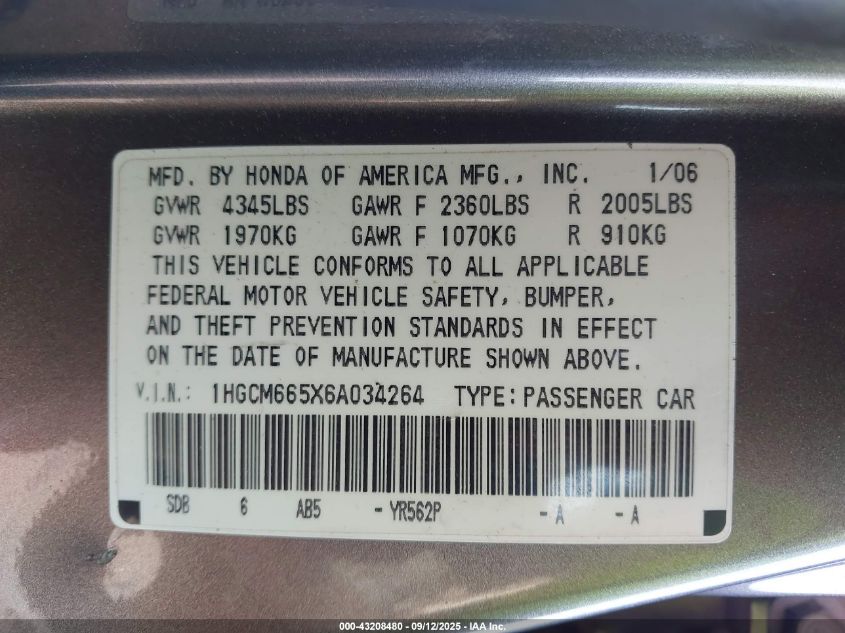 2006 Honda Accord Sdn Ex-L V6 VIN: 1HGCM665X6A034264 Lot: 43208480