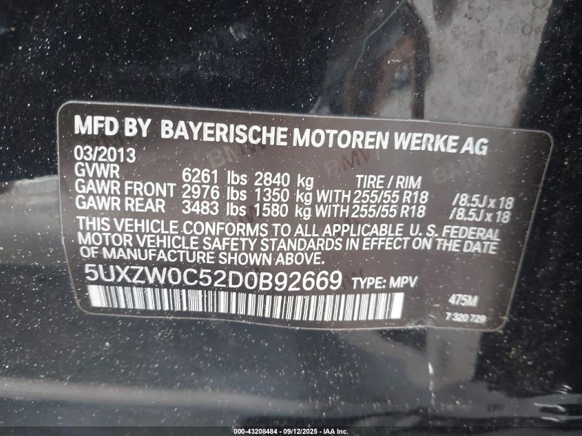 2013 BMW X5 xDrive35D VIN: 5UXZW0C52D0B92669 Lot: 43208484