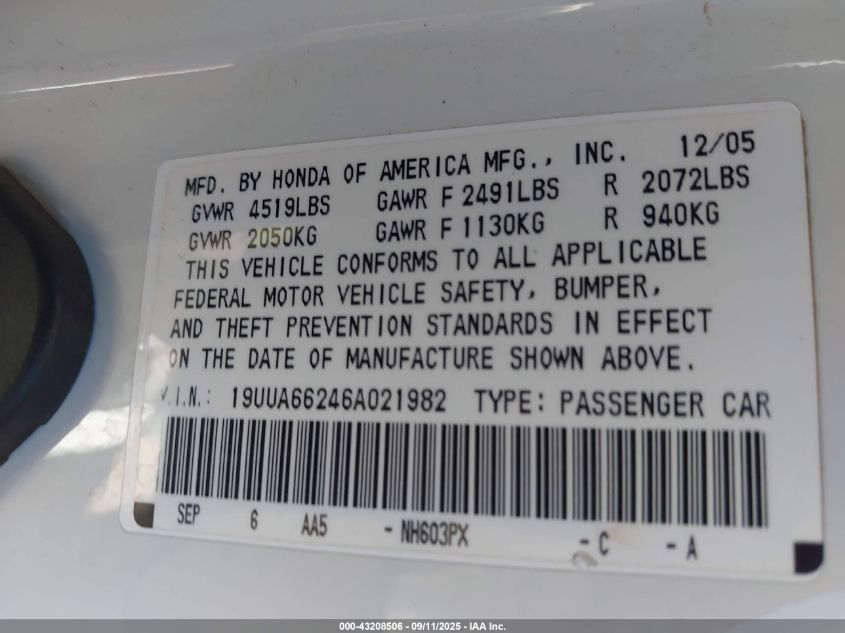 2006 Acura Tl VIN: 19UUA66246A021982 Lot: 43208506